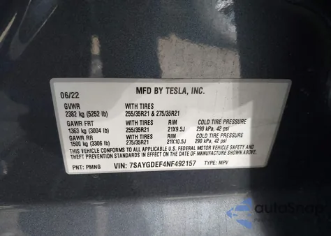 2022 Tesla Model Y Performance Dual Motor All-Wheel Drive z USA, uszkodzony, nr VIN 7SAYGDEF4NF492157